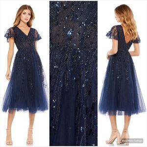 Mac Duggal 10806 Womens EMBELLISHED FLUTTER SLEEVE TEA-LENGTH DRESS